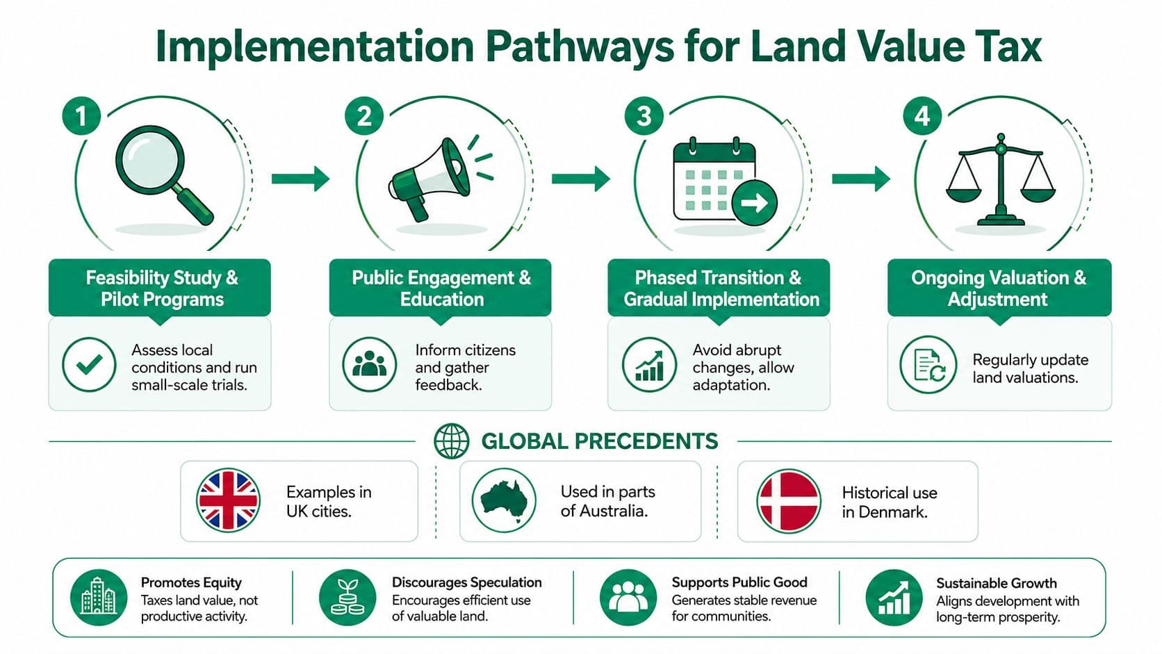 A diagram outlining the four stages of implementing a land value tax and its global benefits.