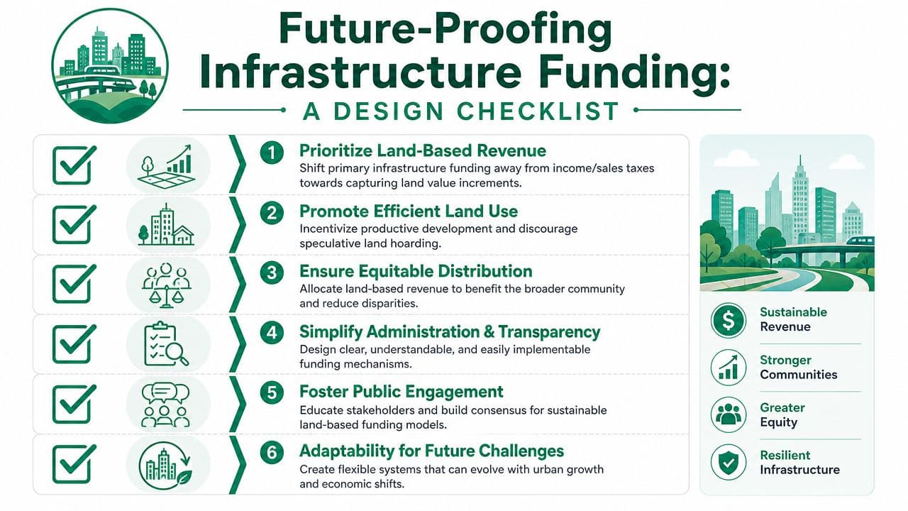 An infographic titled Future-Proofing Infrastructure Funding outlining a six-point design checklist for sustainable urban development.