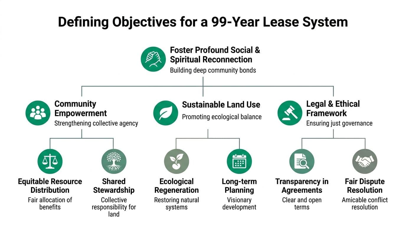 A diagram outlining the objectives for a 99-year lease system, highlighting social, ecological, and governance goals.