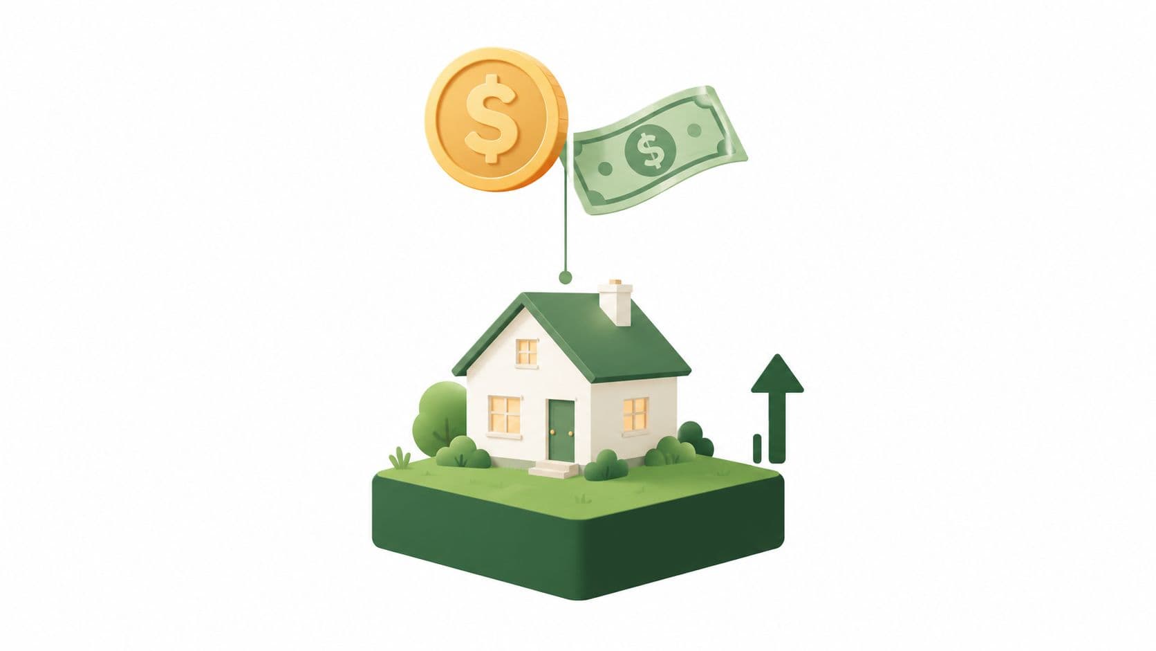 A 3D illustration of a house on a small plot of land with rising currency and growth icons.