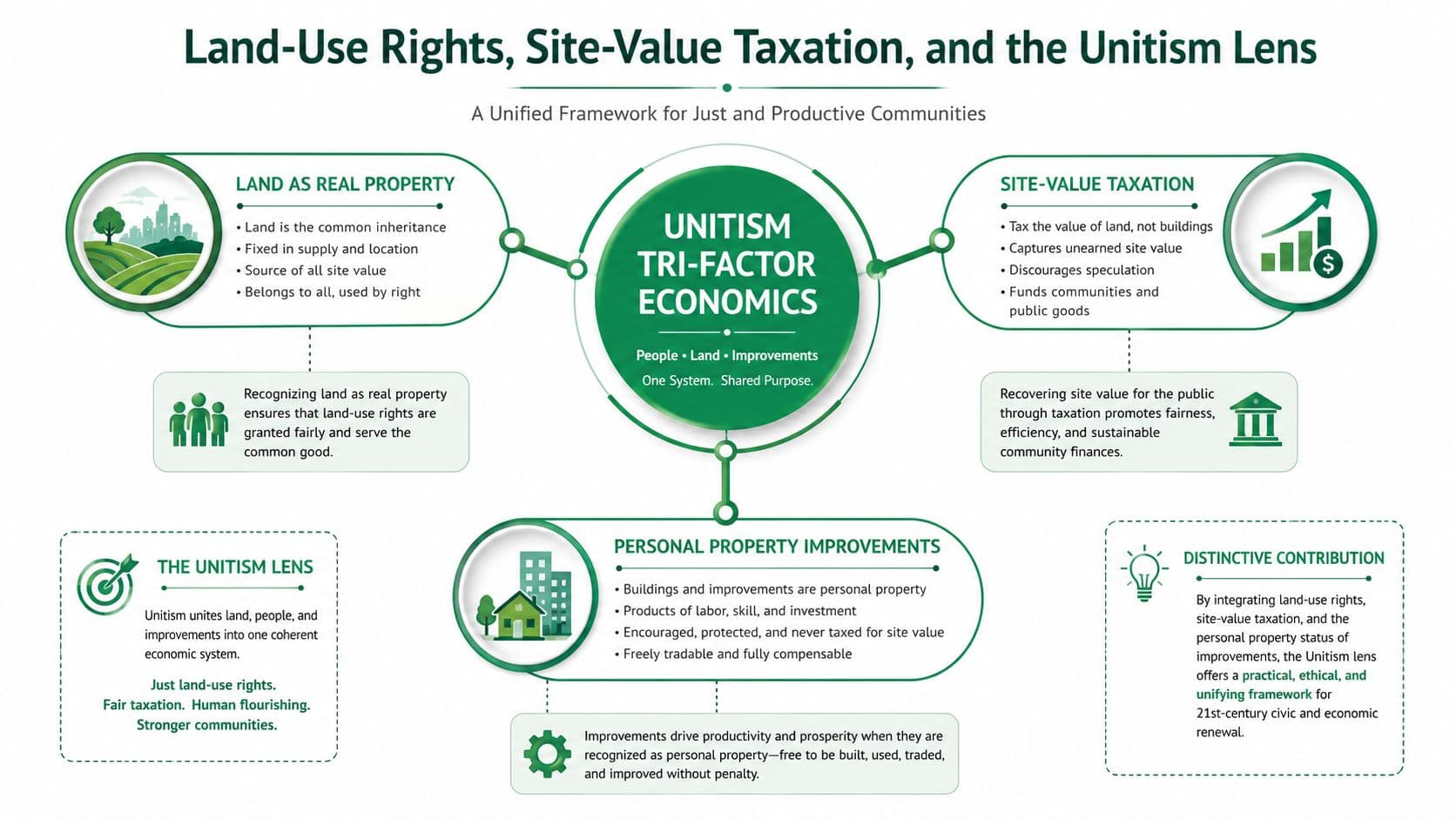 A diagram illustrating Unitism tri-factor economics, highlighting land rights, site-value taxation, and personal property improvements for communities.