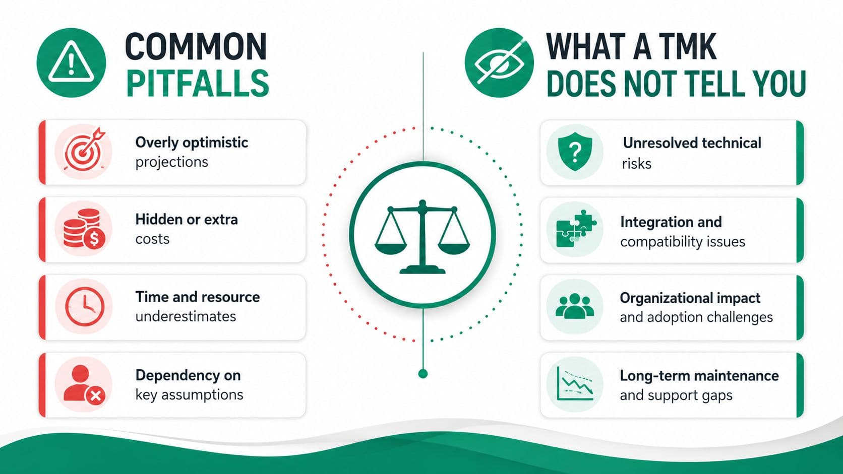 A comparison infographic showing common pitfalls versus hidden risks in technology or business planning.
