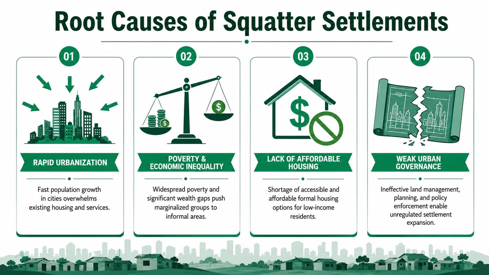 An infographic detailing the four primary root causes of squatter settlements in modern urban environments.