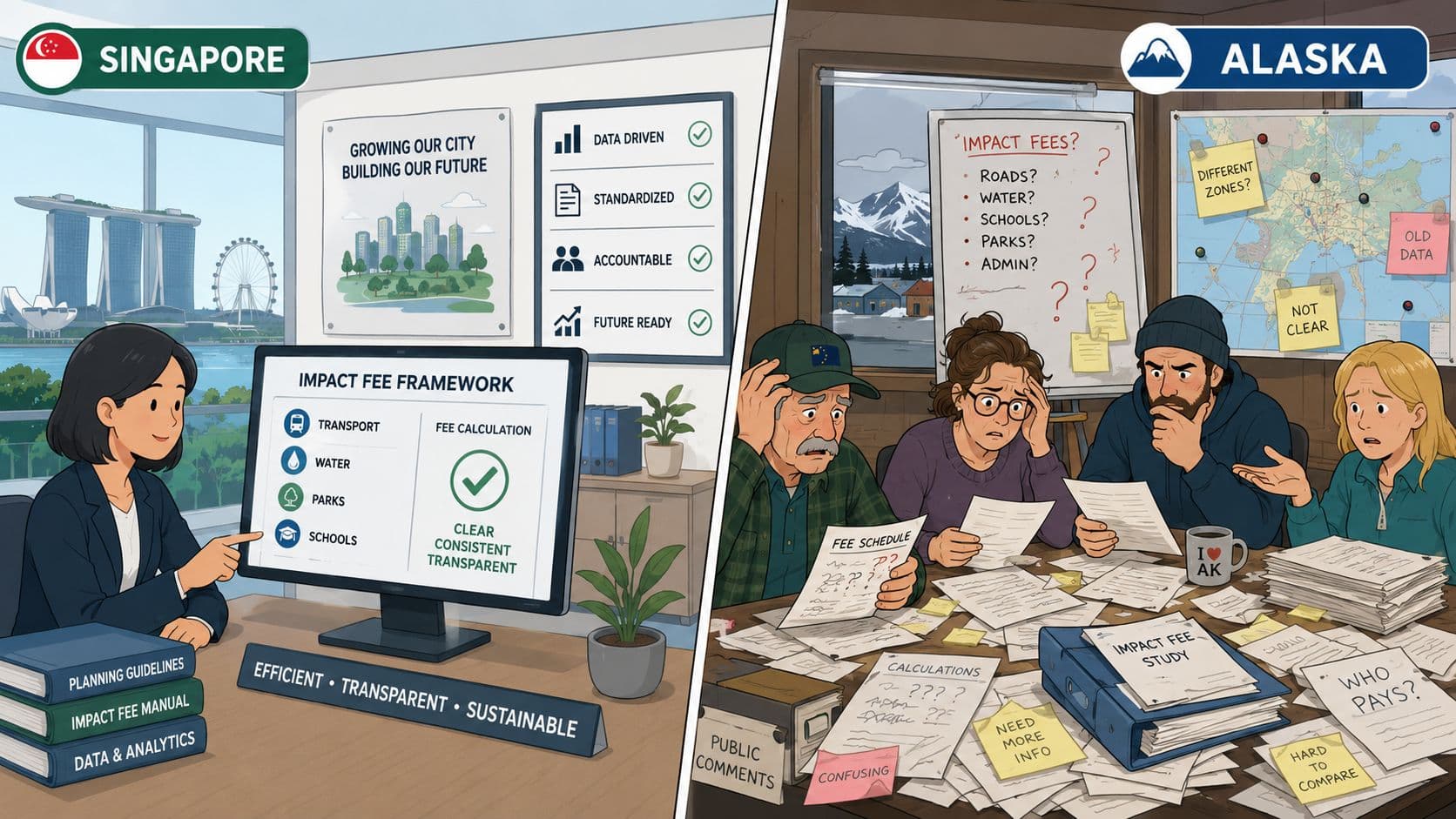 A split image comparing a streamlined Singaporean impact fee framework against a confusing Alaskan bureaucratic process.