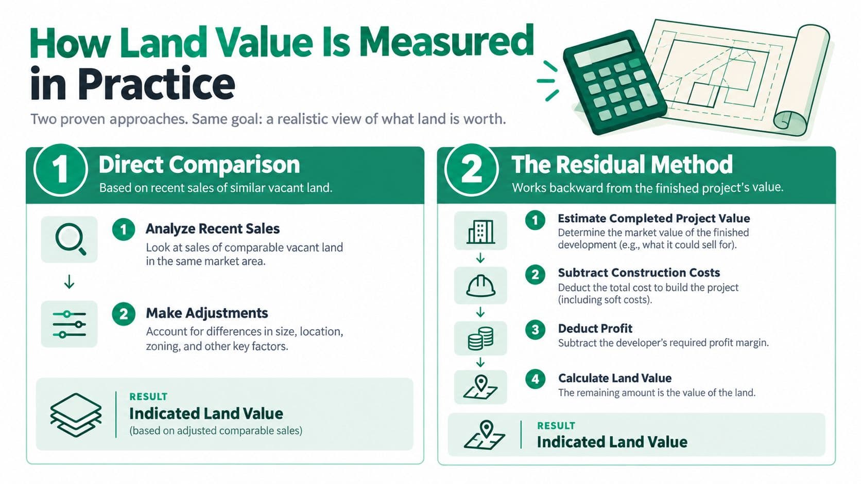 An infographic titled How Land Value Is Measured in Practice outlining direct comparison and residual valuation methods.