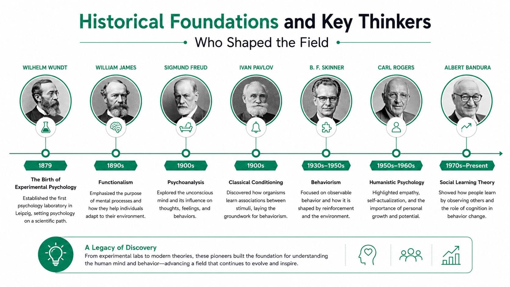 A timeline infographic showcasing historical foundations and key psychology thinkers from Wilhelm Wundt to Albert Bandura.