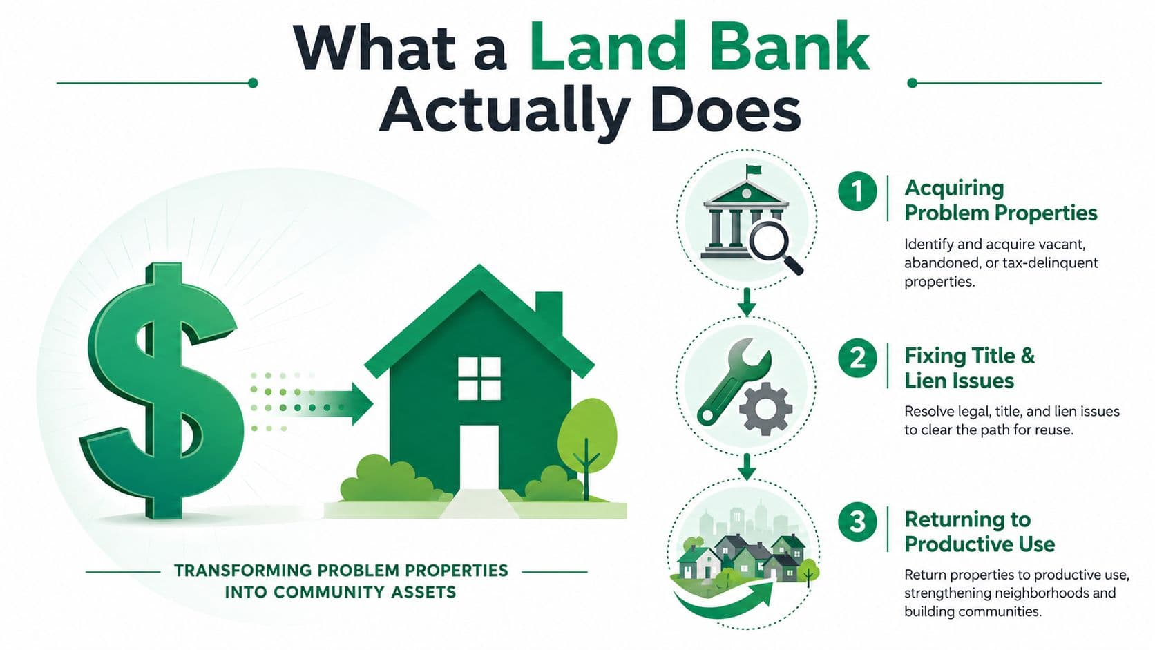 An infographic titled What a Land Bank Actually Does detailing the three-step process of acquiring and revitalizing properties.