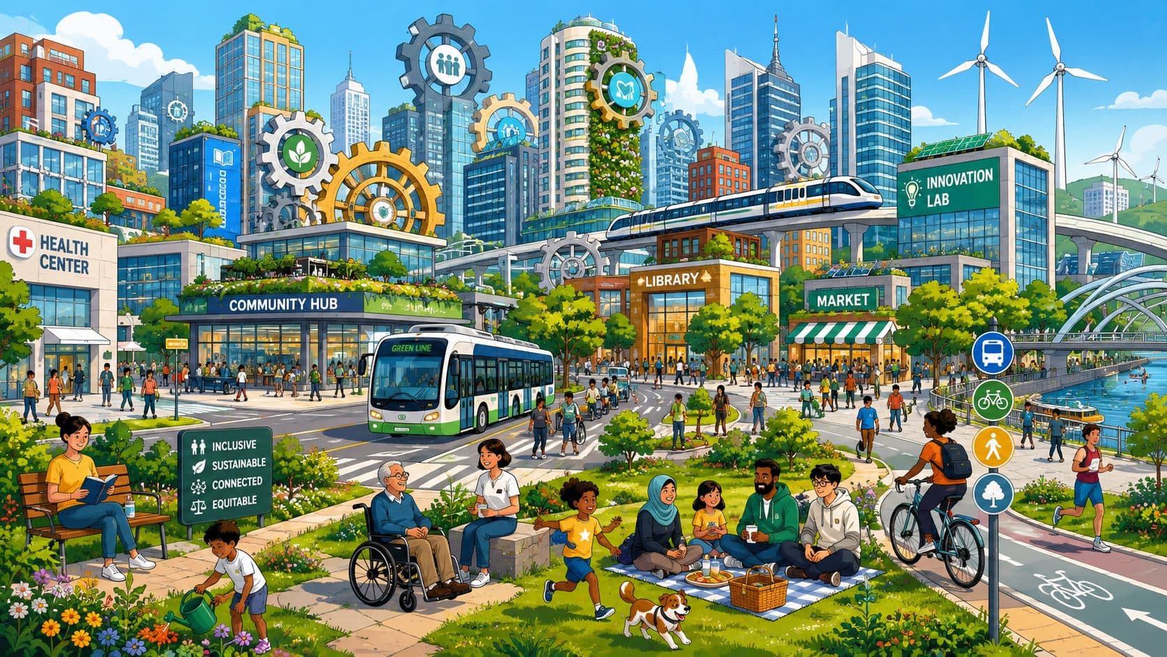 A vibrant sustainable city scene with public transit, green spaces, community buildings, and diverse people enjoying life.