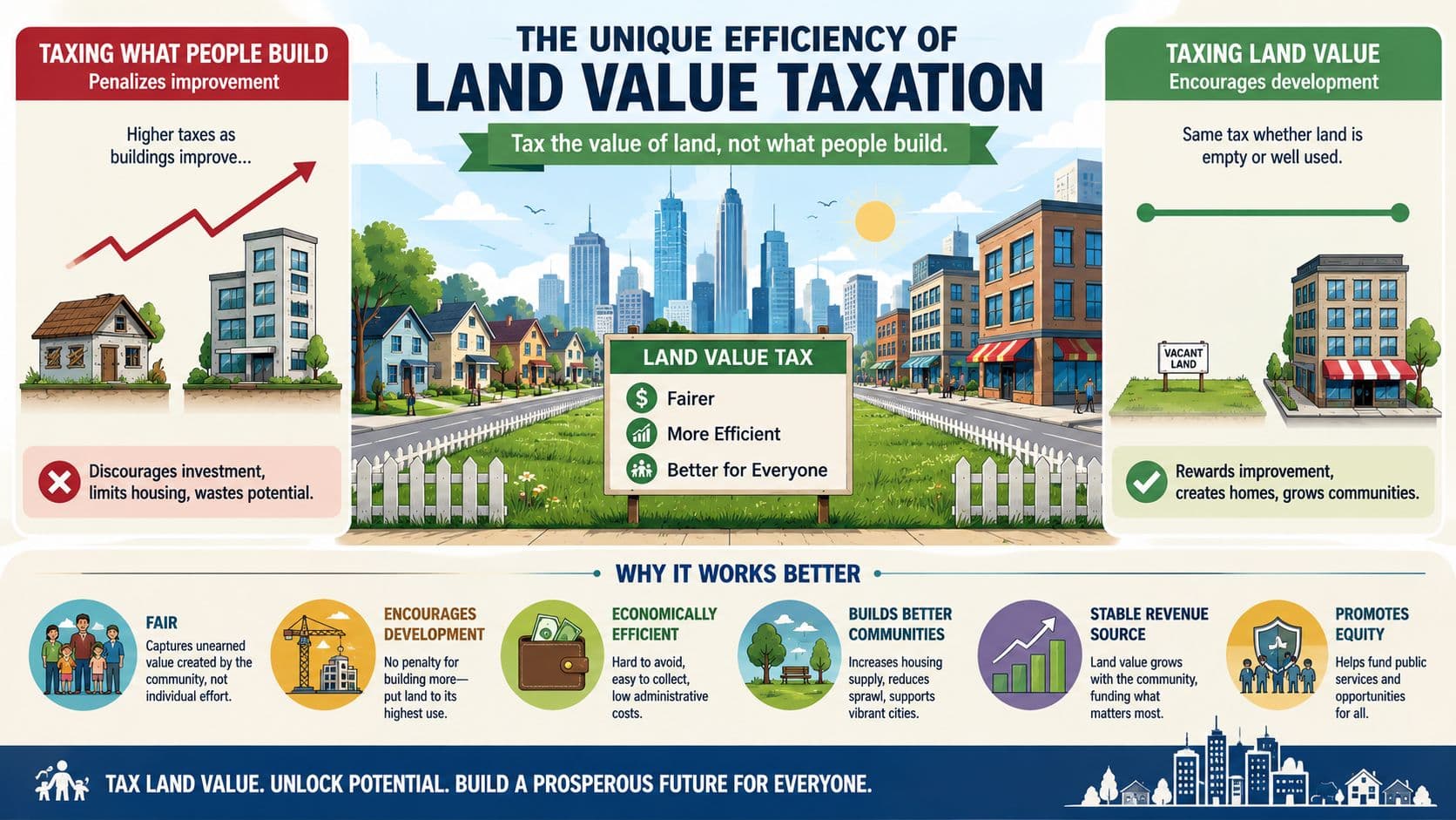 An infographic illustrating the economic benefits of land value taxation compared to traditional property taxation.