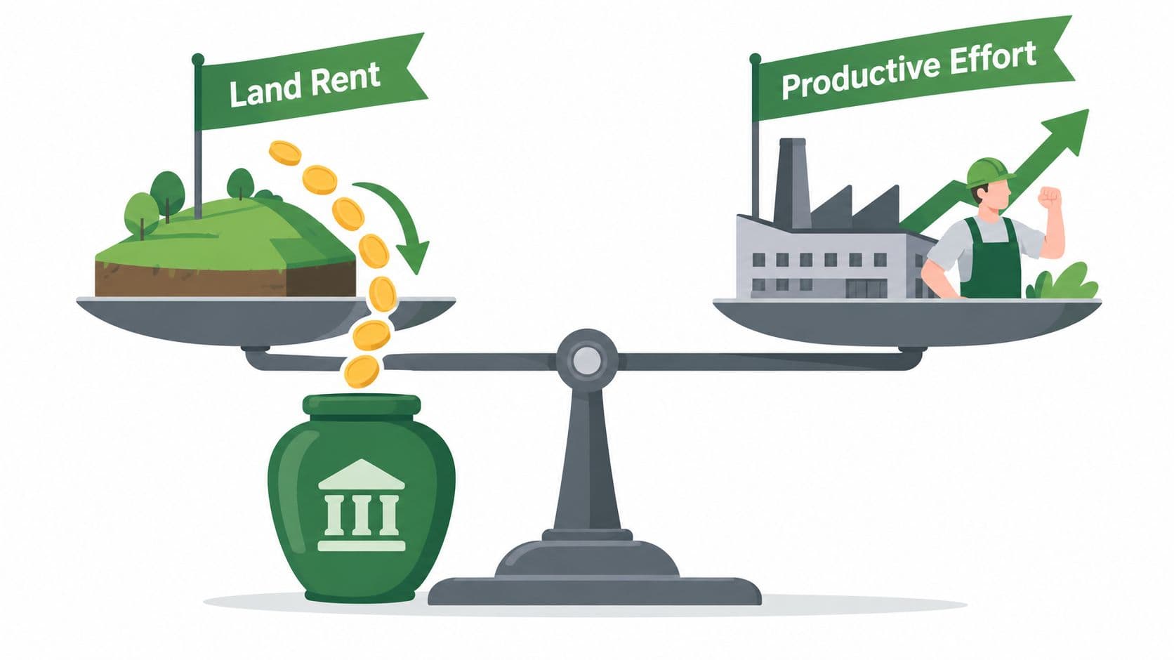An illustration of a scale balancing land rent against productive effort, with gold coins flowing into a bank.