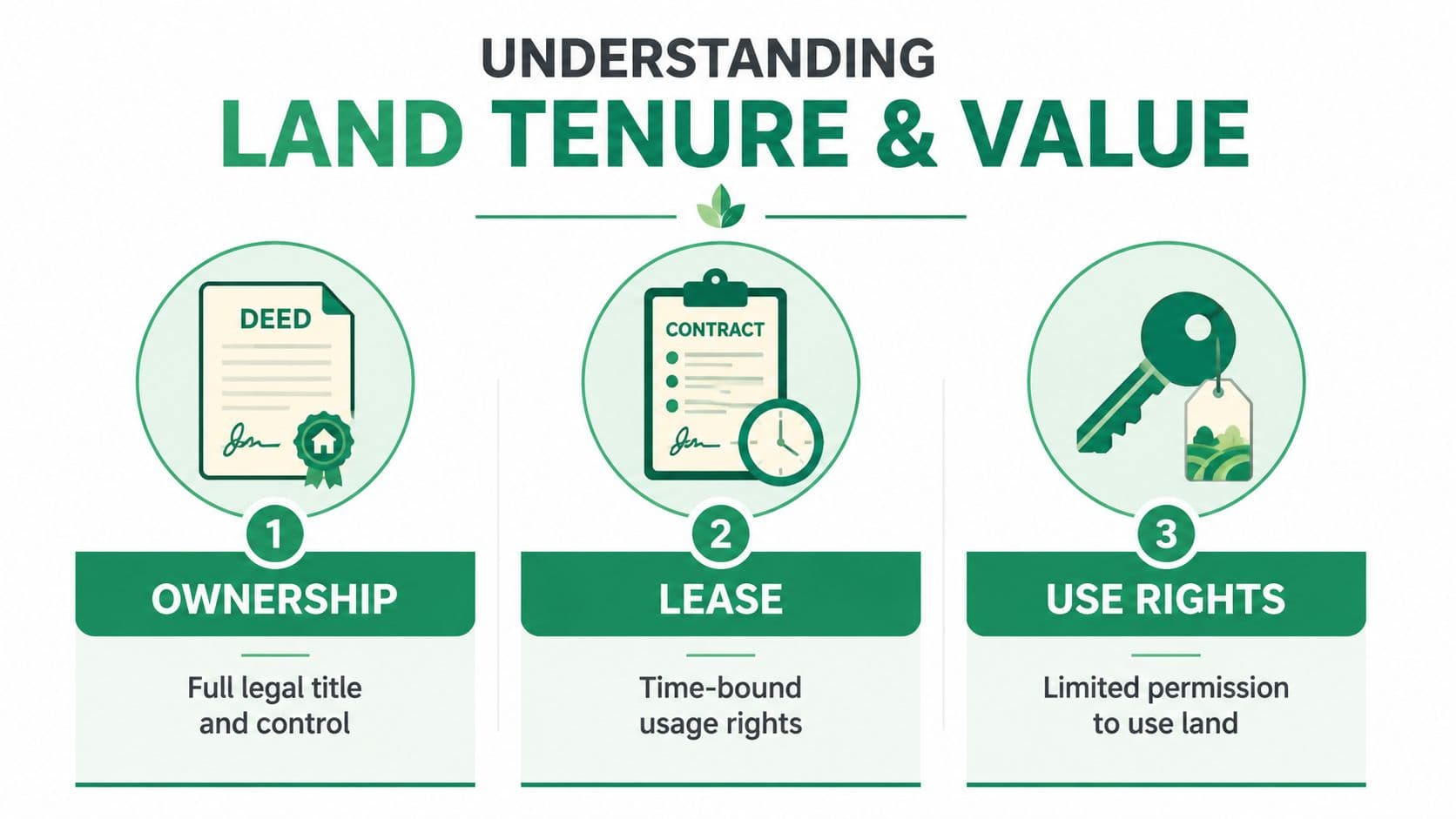 An infographic showing the three types of land tenure and value: ownership, lease, and use rights.