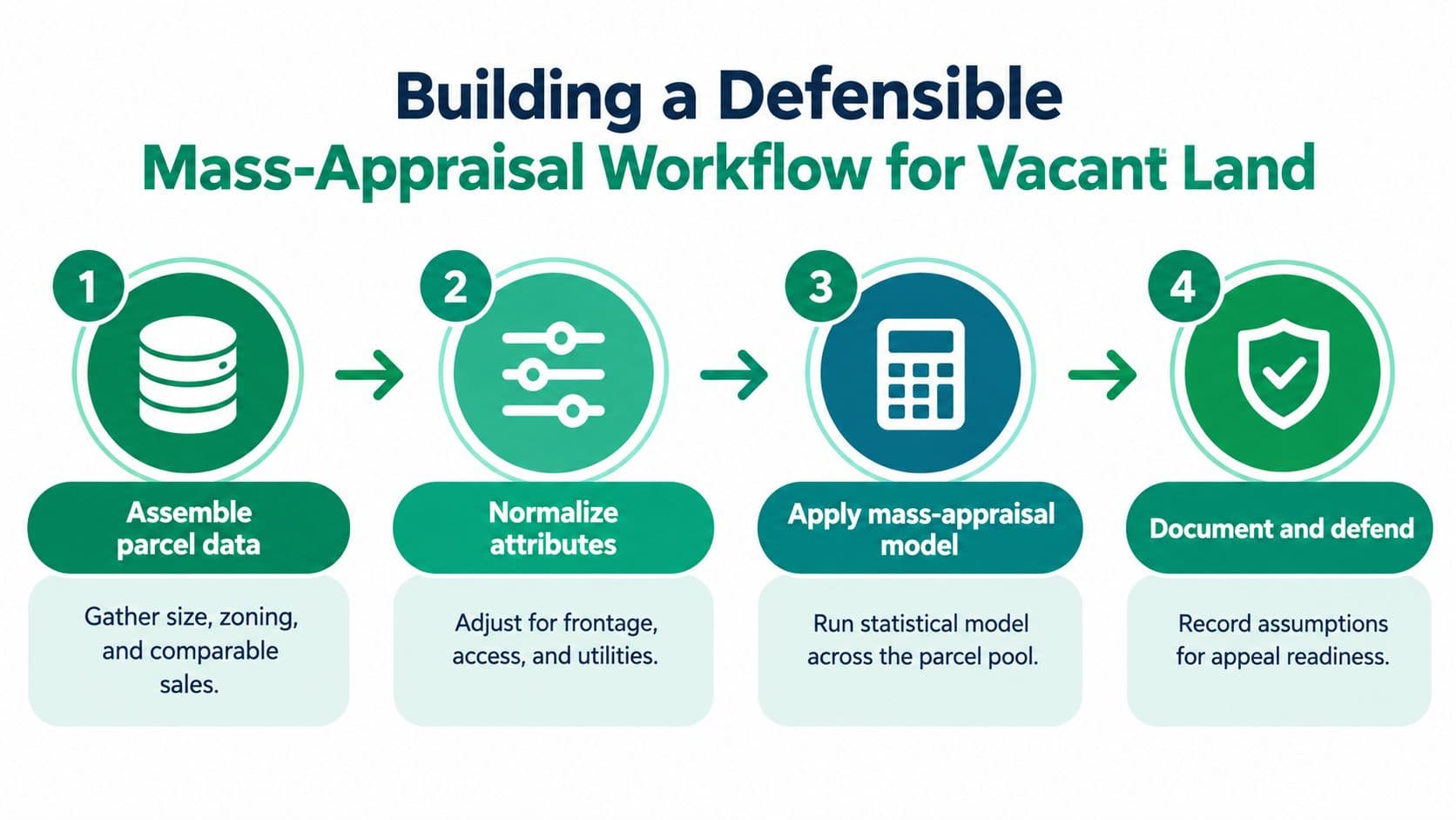 A four-step infographic illustrating a workflow for building a defensible mass-appraisal process for vacant land assessment.