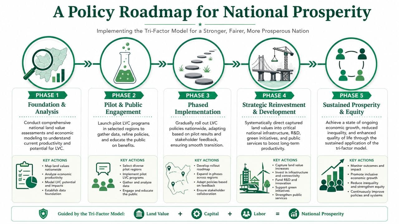 A five-phase policy roadmap infographic illustrating a strategic model for achieving national prosperity through economic development.