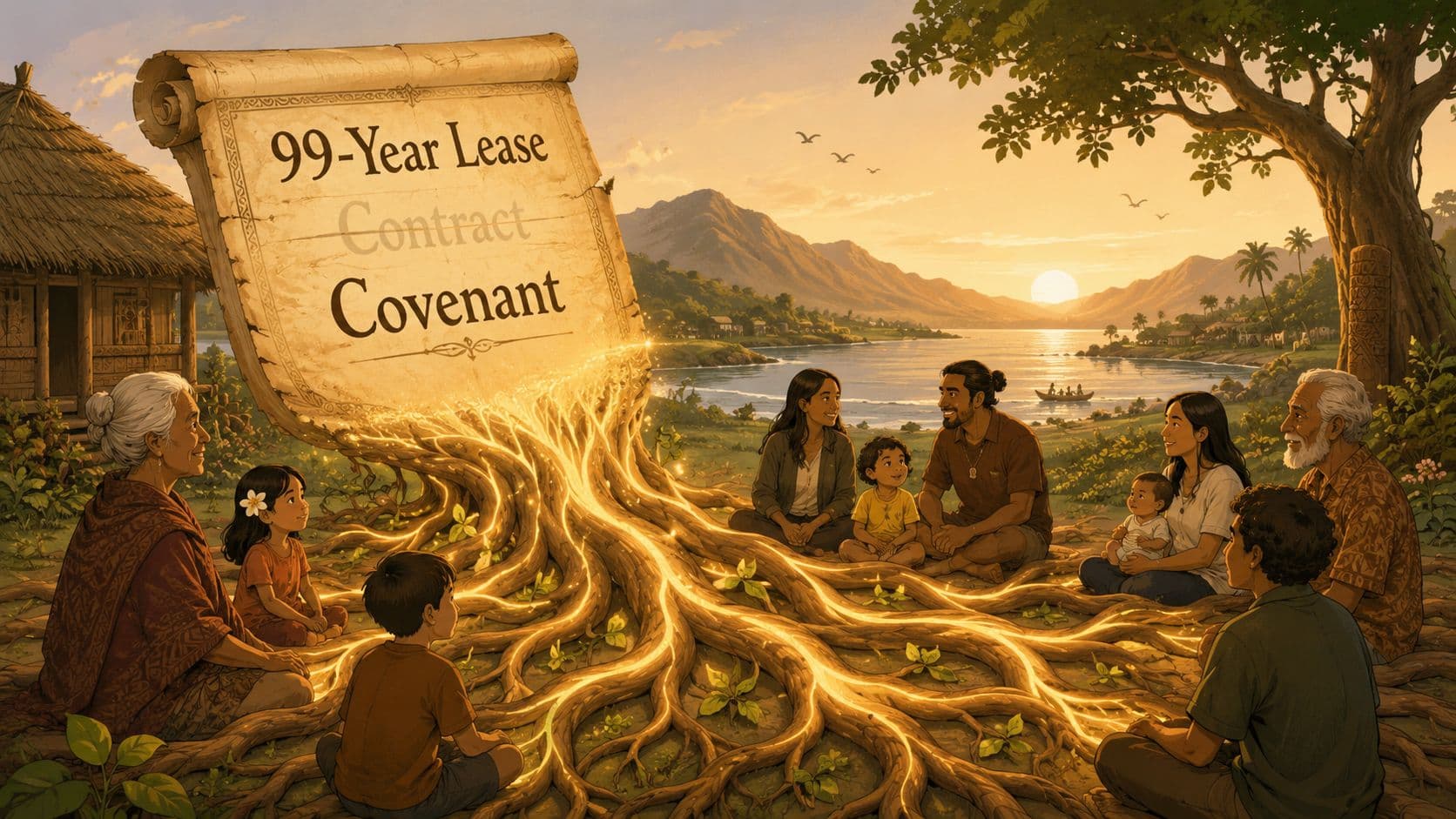 A multi-generational family sitting around a glowing scroll representing a 99-year land lease covenant in nature.