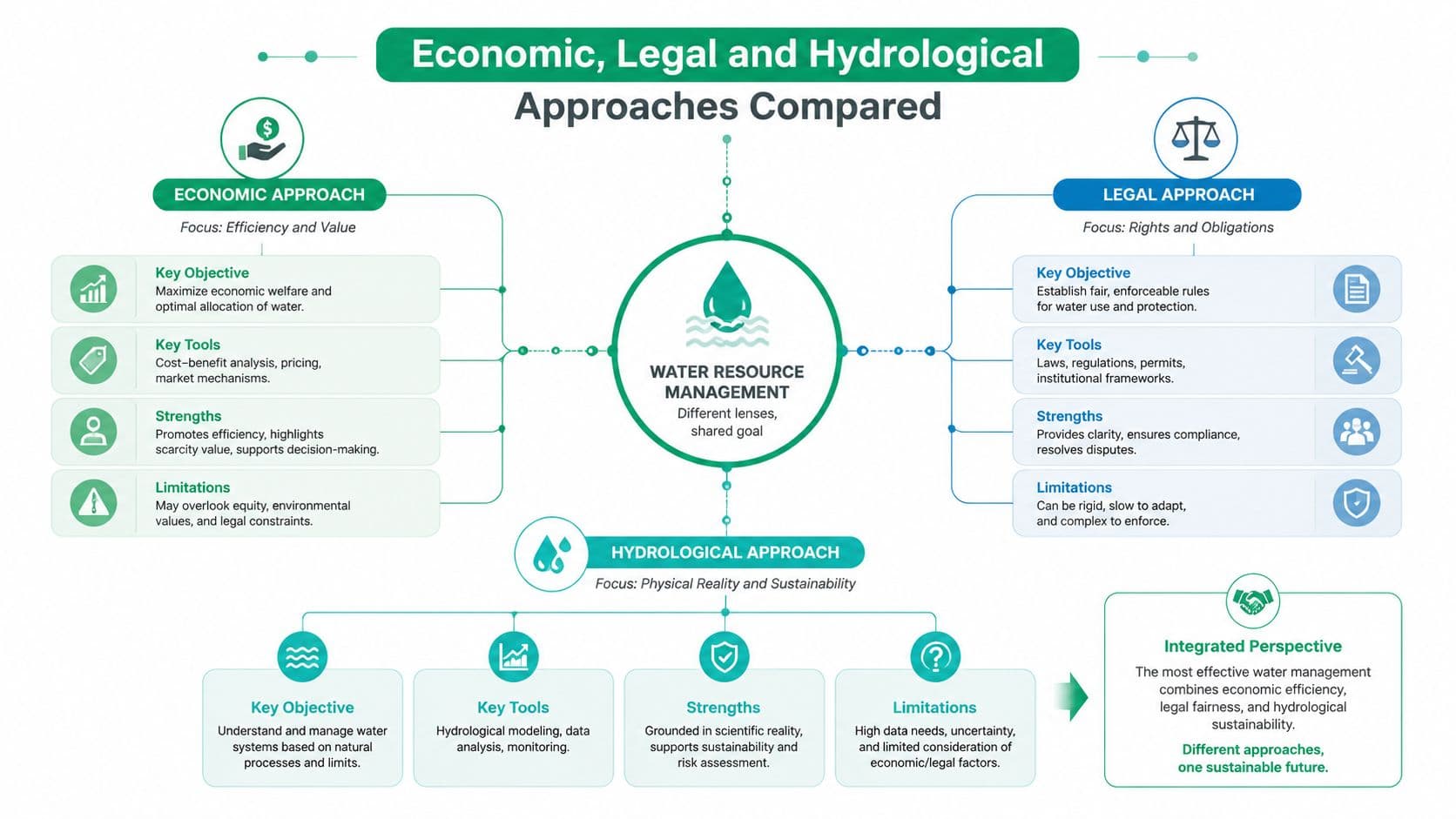 A diagram comparing economic, legal, and hydrological approaches to water resource management and an integrated perspective.