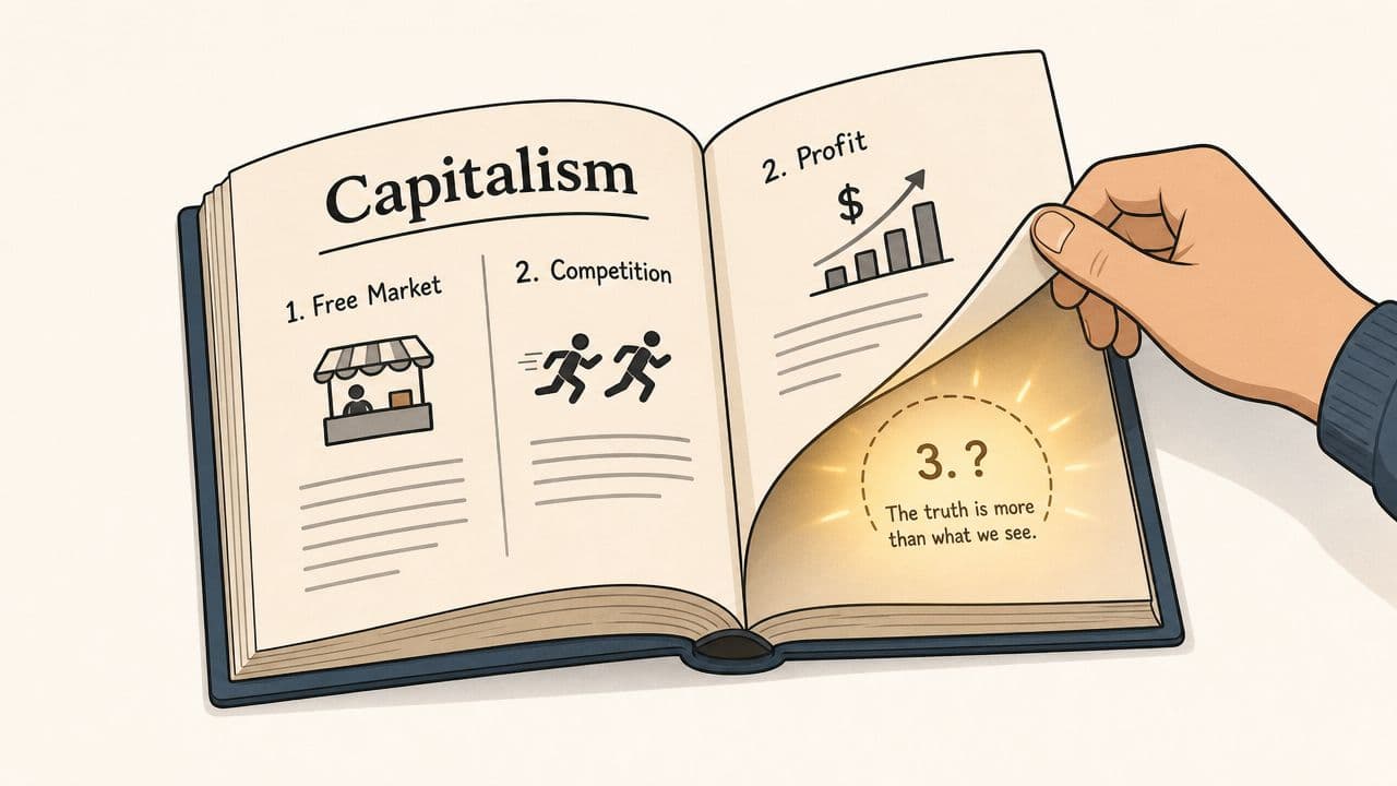 A hand turns a book page revealing a hidden mystery behind the concepts of capitalism.