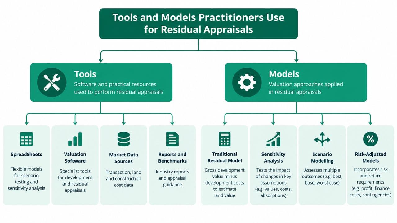 An organizational chart showing the various tools and models used by practitioners for residual land value appraisals.