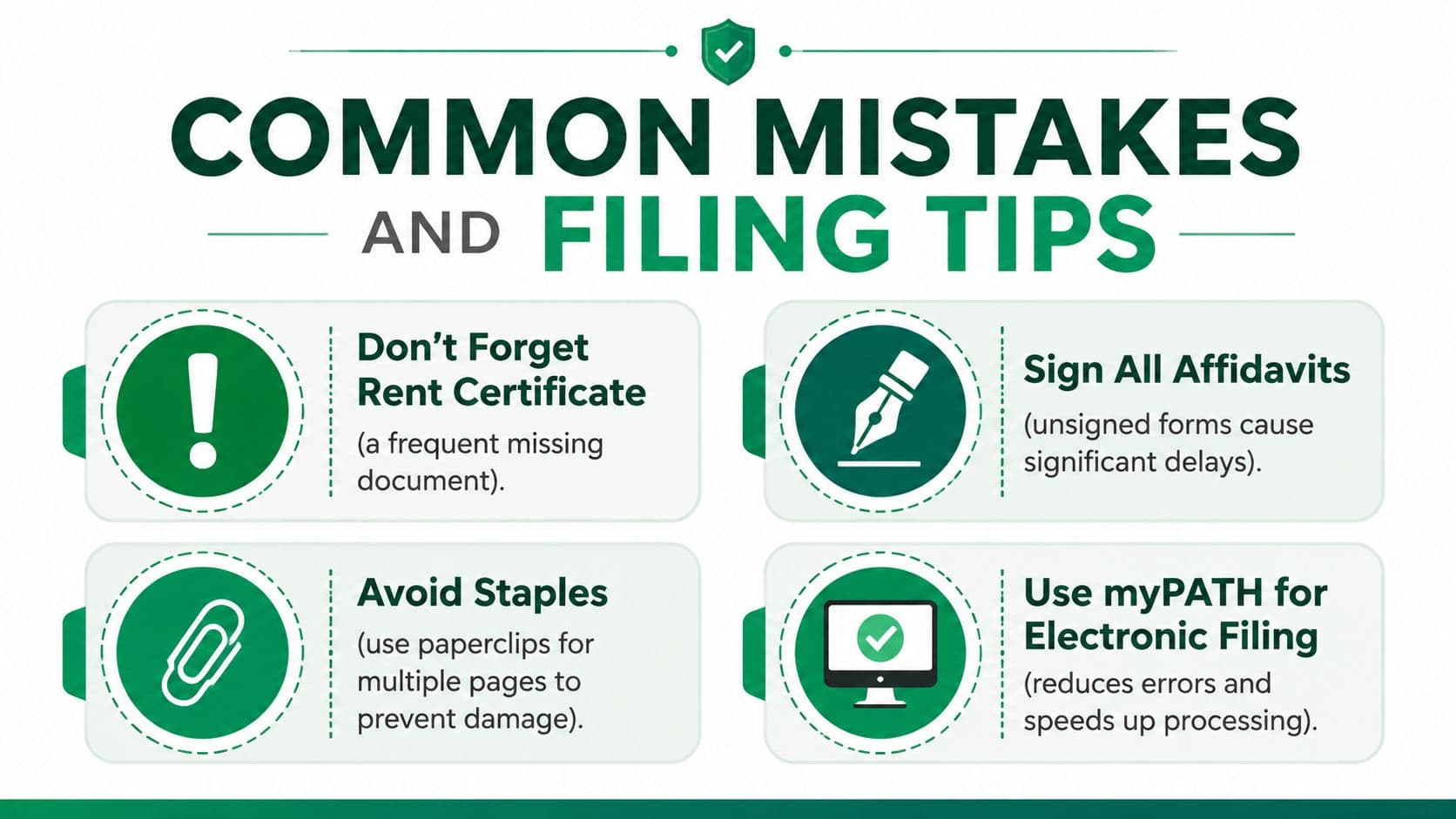 A helpful infographic outlining common mistakes and filing tips for the PA Renters Rebate form.