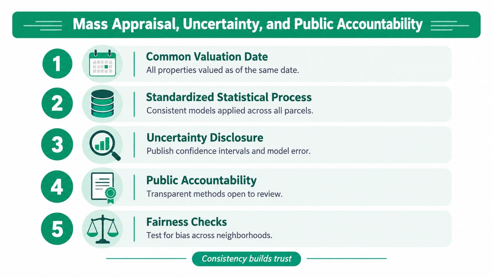 An infographic detailing five key steps for ensuring transparency and accuracy in mass property valuation processes.