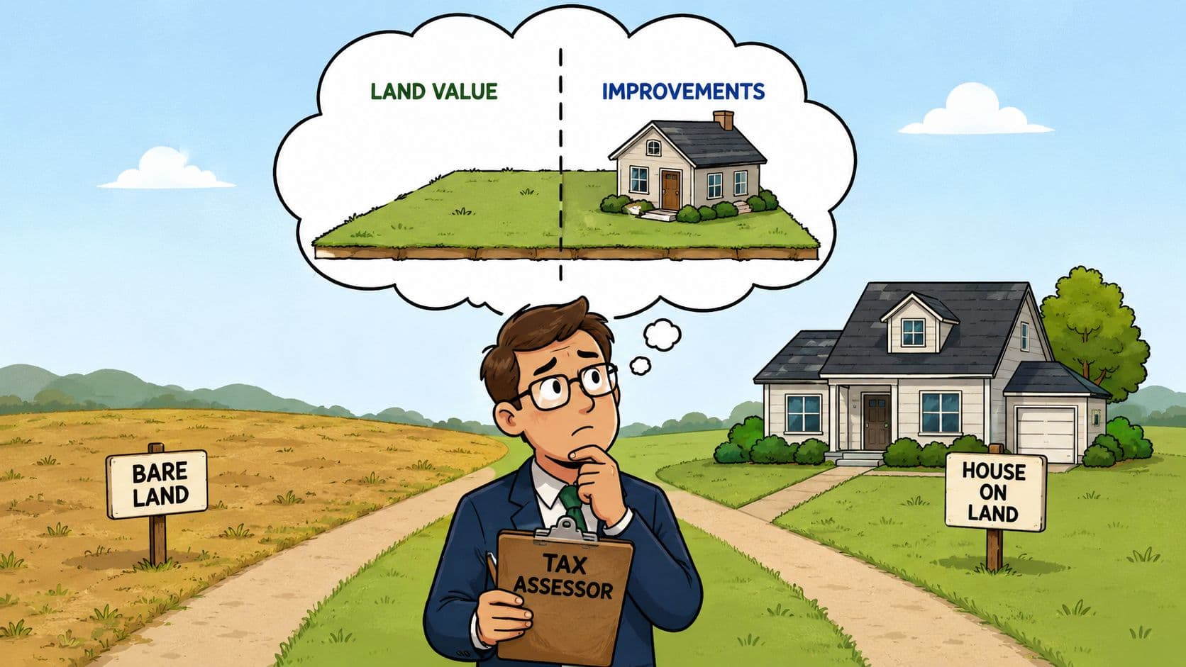 A tax assessor thinking about the difference between land value and property improvements on a plot of land.