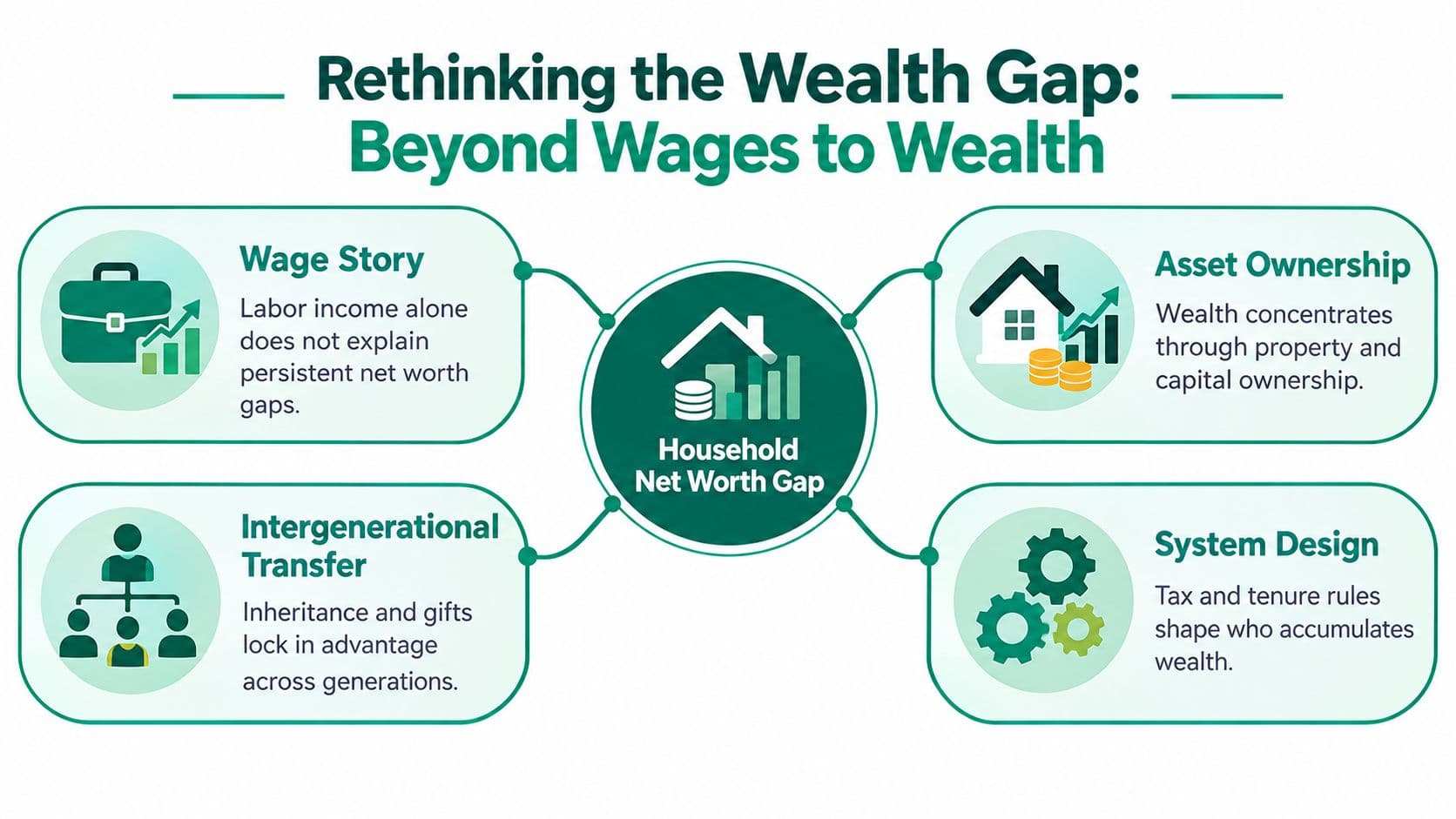 A diagram illustrating factors contributing to the household net worth gap, including wages, assets, inheritance, and system design.