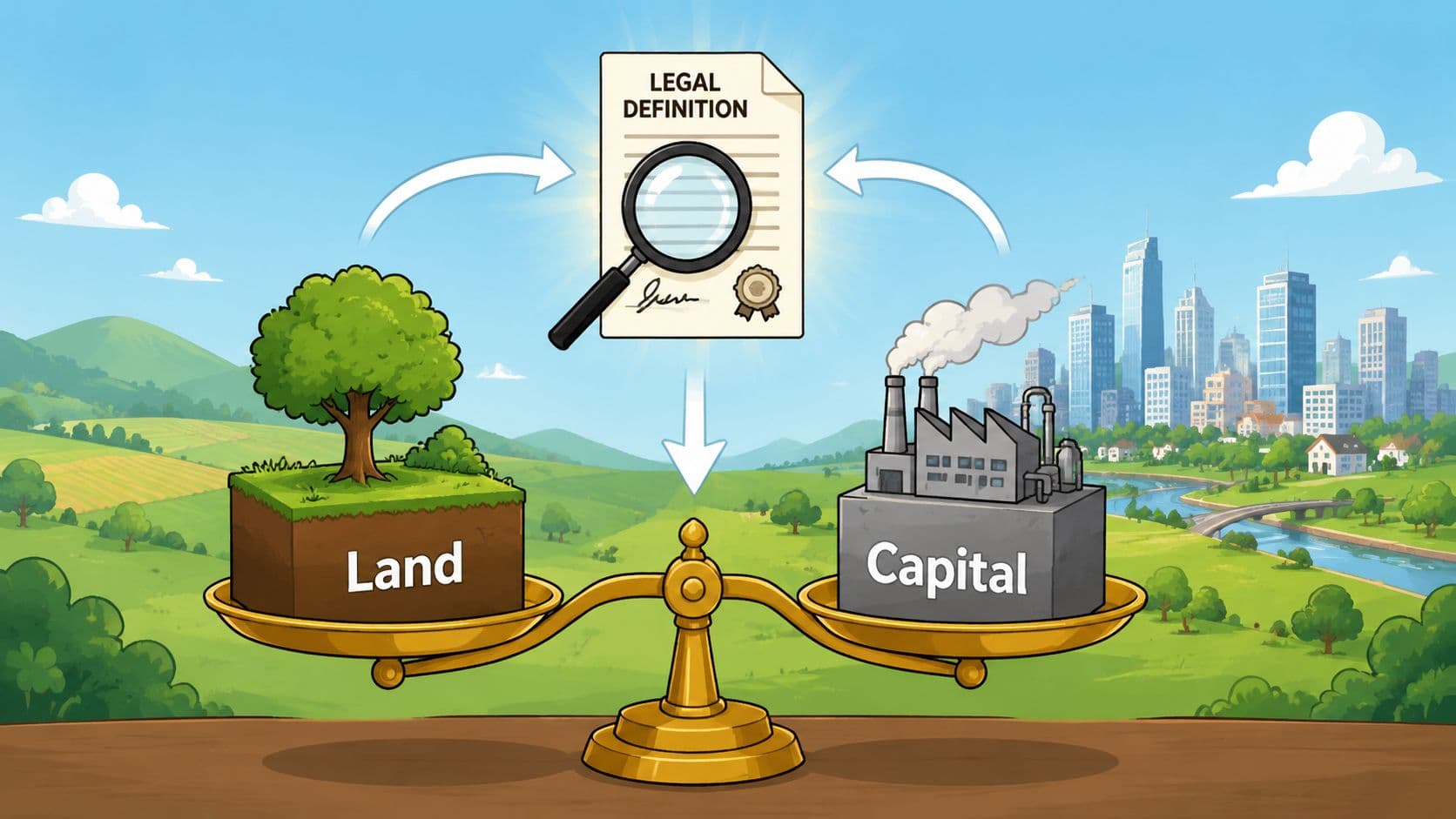 A conceptual illustration comparing land and capital being weighed on a scale under a legal definition document.