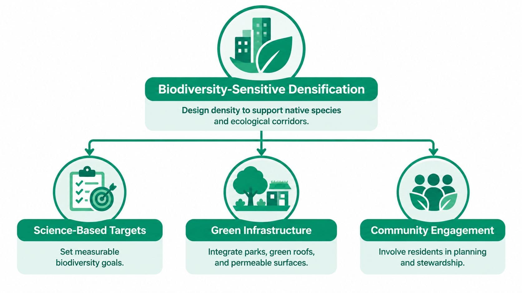 A diagram outlining the concept of biodiversity-sensitive densification, focusing on science-based targets, green infrastructure, and community engagement.
