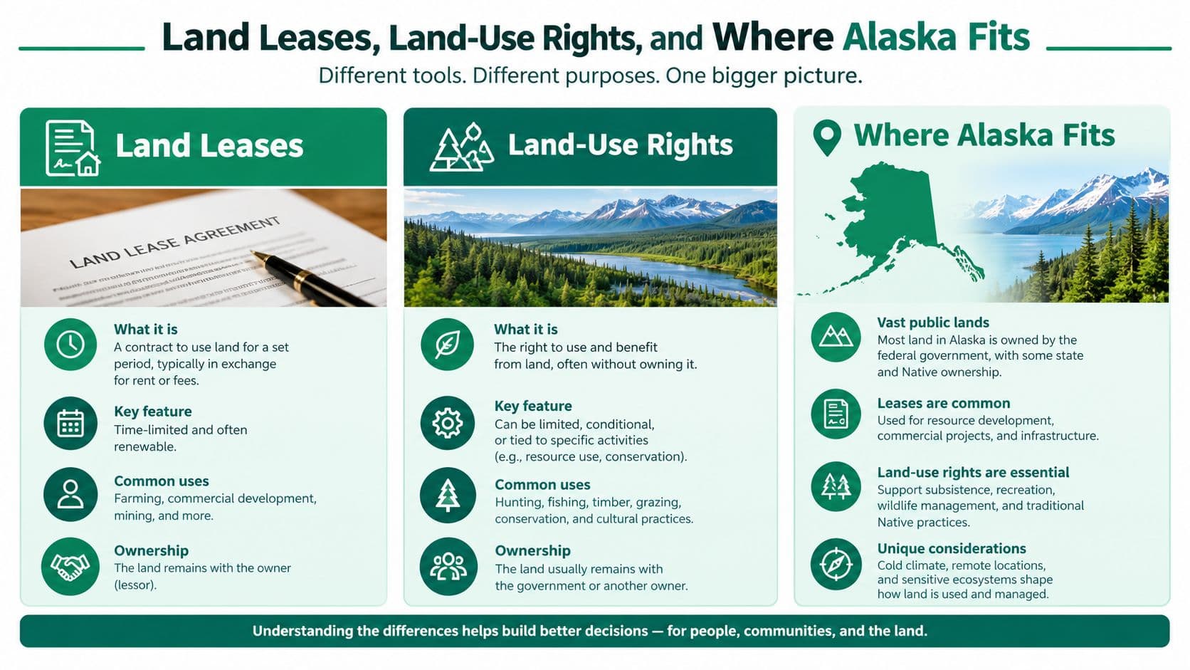 An infographic explaining the differences between land leases and land-use rights, with a section on Alaska.