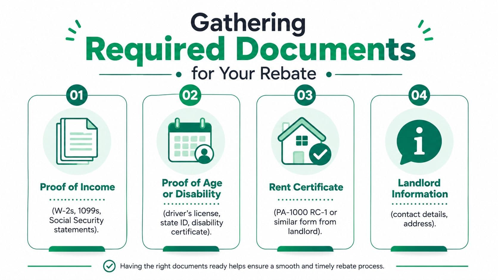 A guide listing four required documents for a Pennsylvania renters rebate, including proof of income, age, rent certification, and landlord information.