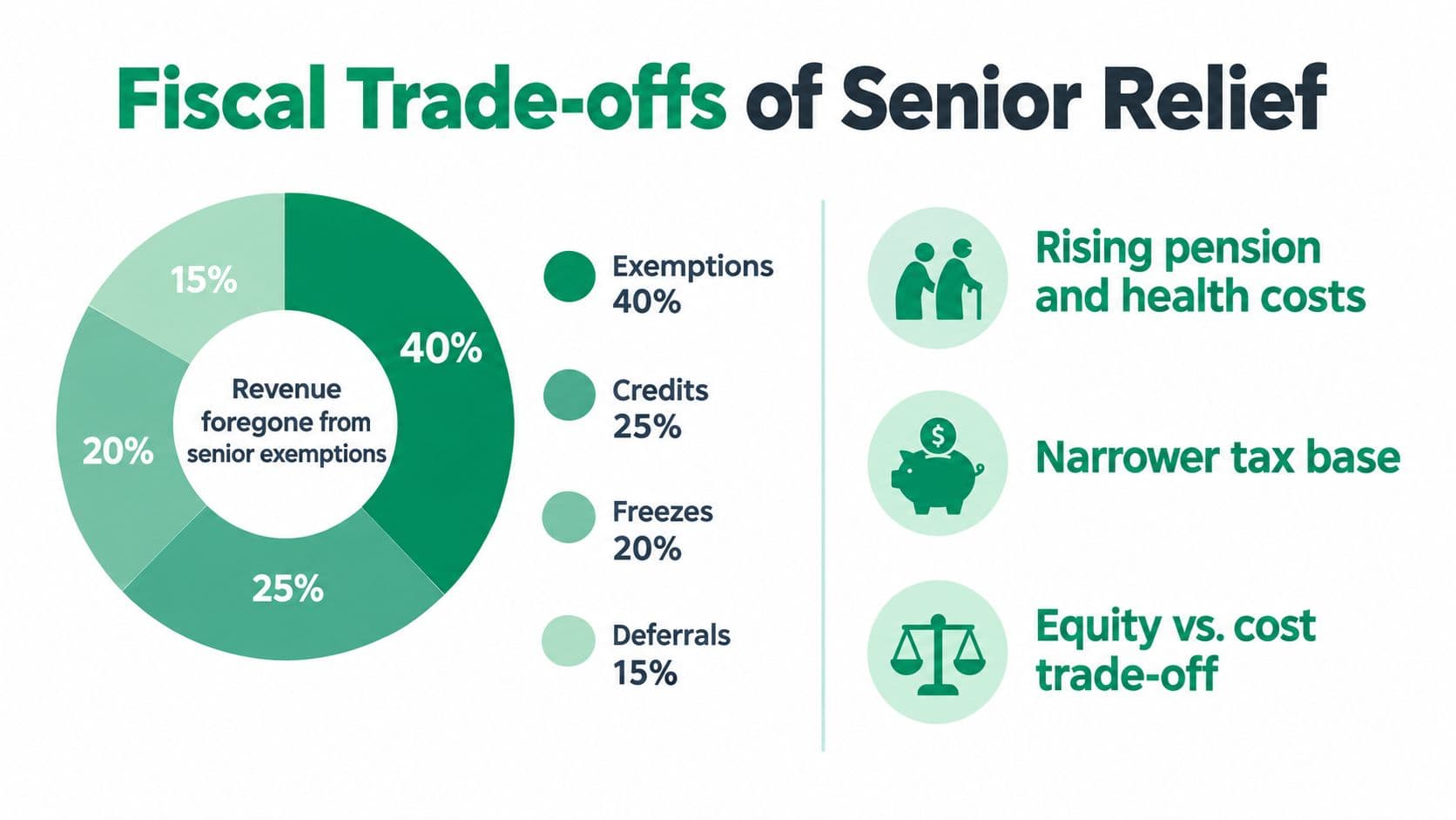 A pie chart displaying fiscal trade-offs of senior tax relief, showing exemptions, credits, freezes, and deferrals.
