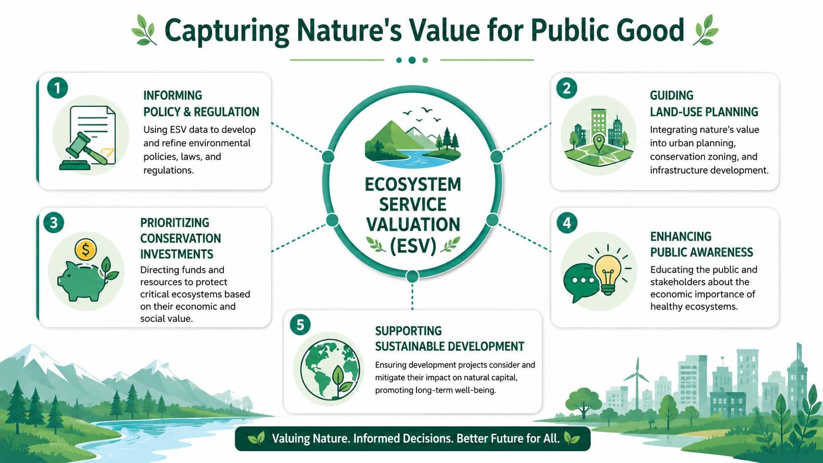 An infographic illustrating five ways ecosystem service valuation benefits public policy, planning, investment, education, and sustainable development.