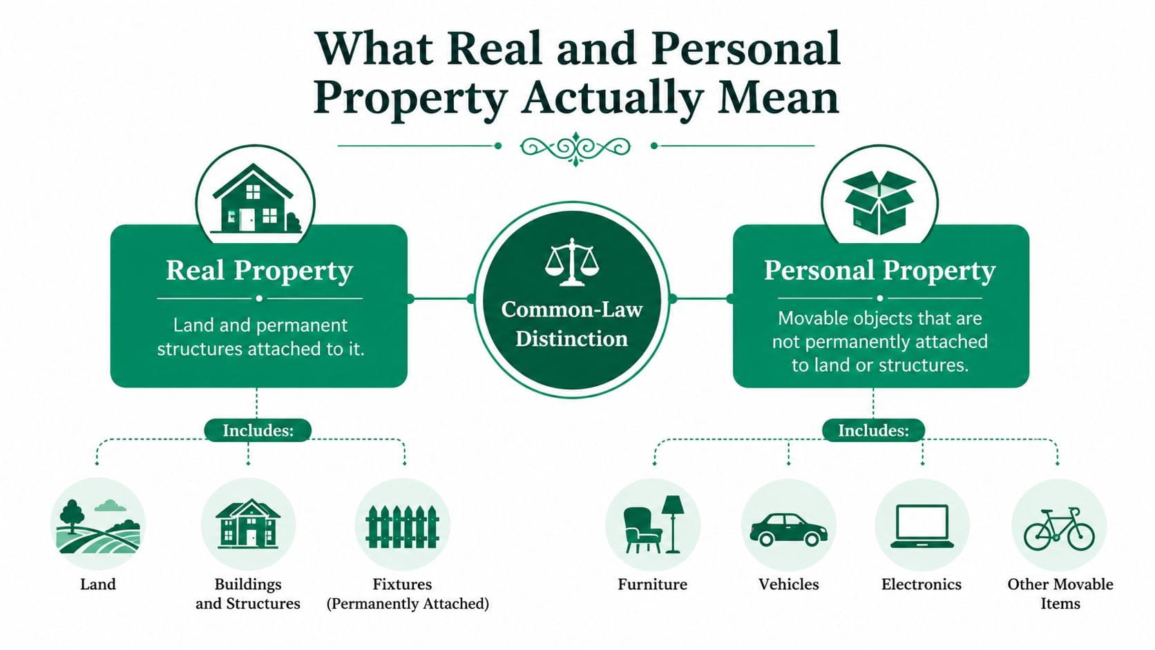A diagram comparing real property and personal property with icons for land, buildings, fixtures, furniture, and vehicles.