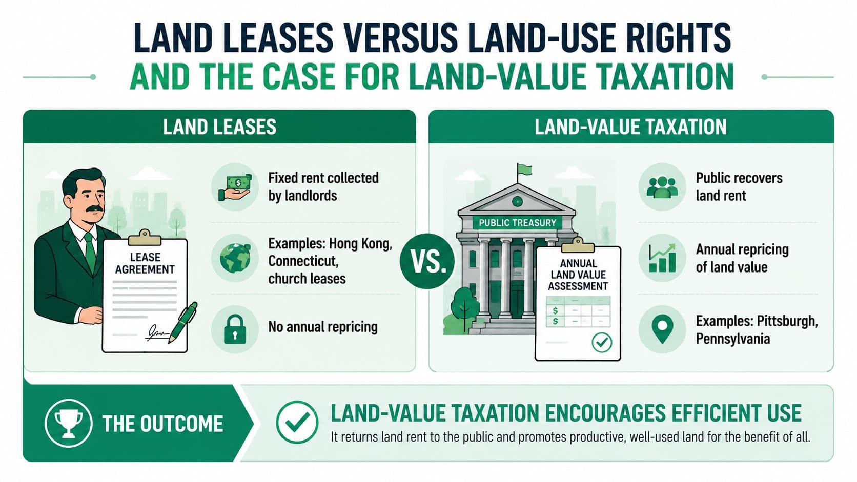 An infographic comparing land leases to land-value taxation systems, highlighting key differences and economic benefits.