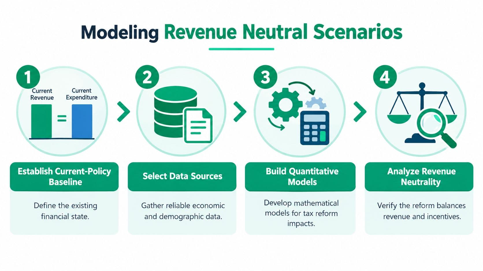 A flowchart showing the four-step process for modeling revenue neutral tax reform scenarios using data and quantitative analysis.