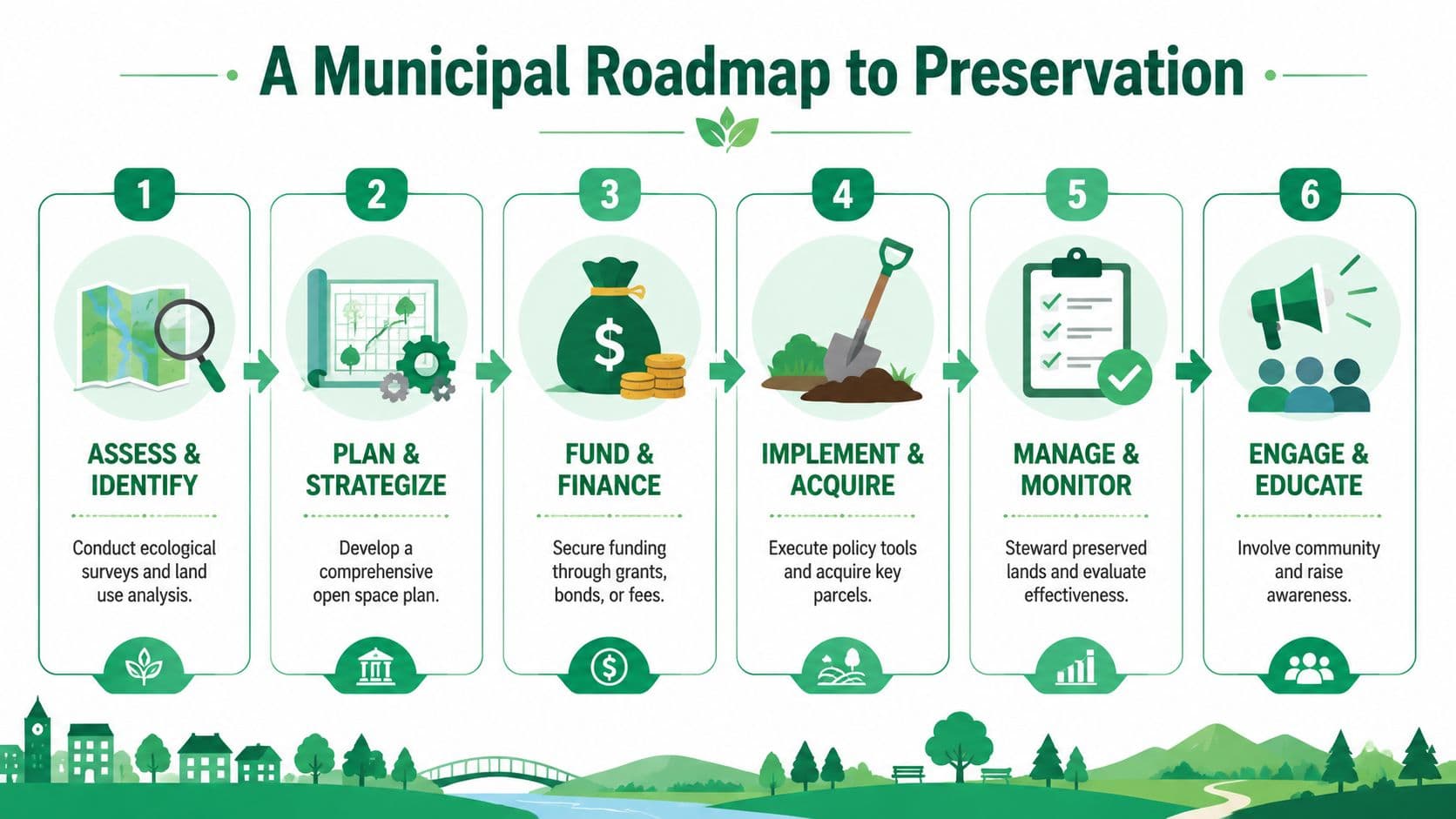 A six-step infographic illustrating a municipal roadmap to open space preservation from assessment to community engagement.