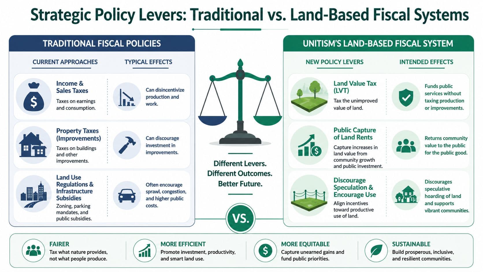 A comparative infographic showing traditional tax policies versus Unitism's land-based fiscal system benefits.