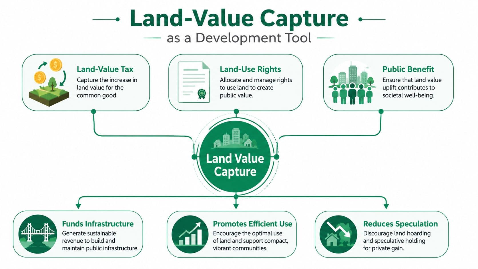 A diagram illustrating land-value capture as a tool for sustainable development through various economic and policy mechanisms.