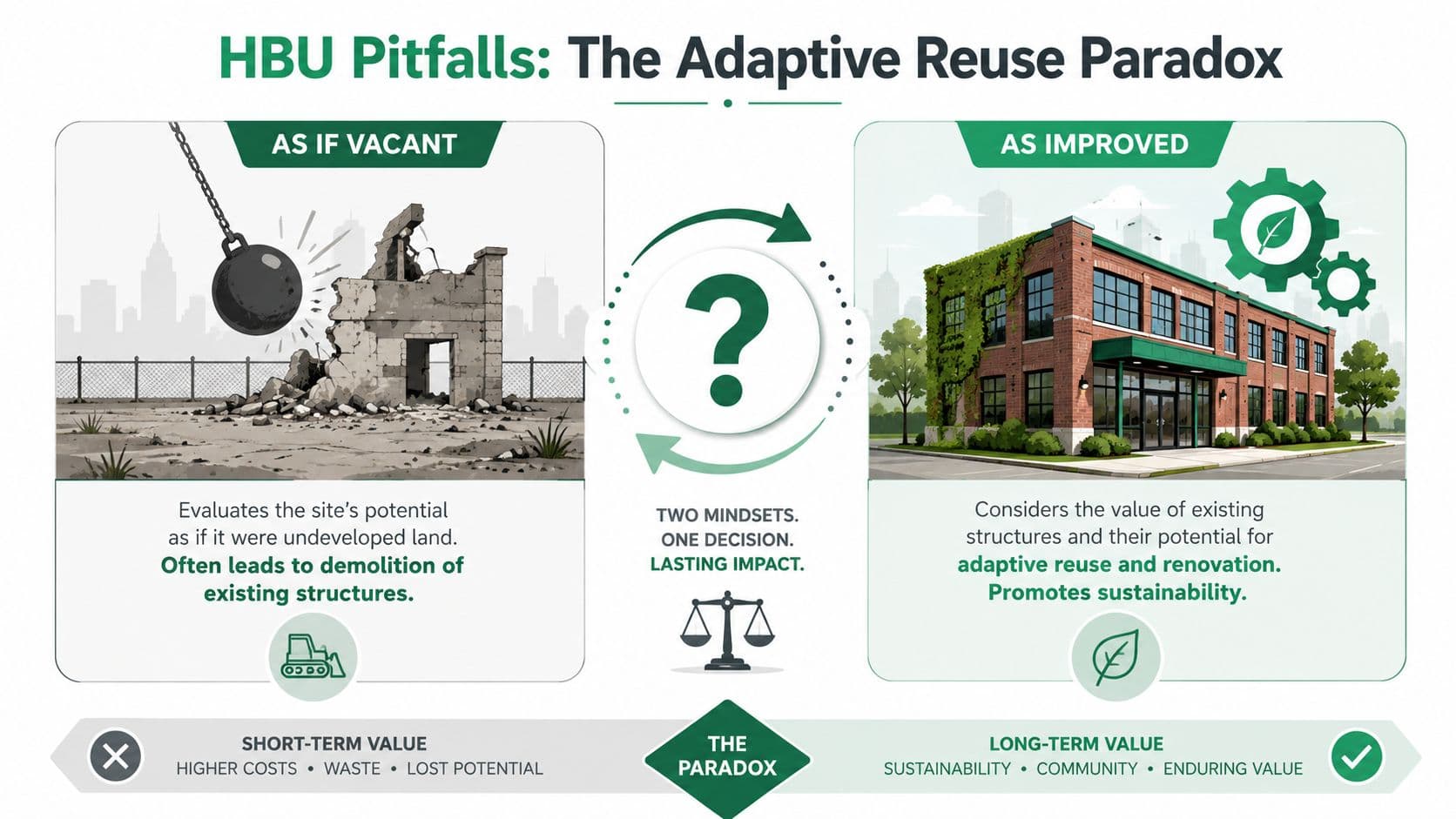 A diagram contrasting the 'As If Vacant' demolition mindset versus the 'As Improved' adaptive reuse renovation approach.