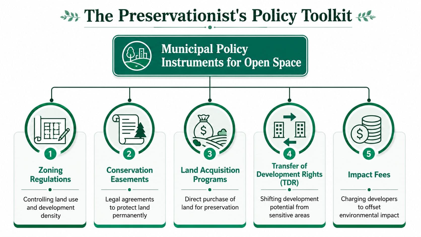 A diagram titled The Preservationist's Policy Toolkit outlining five municipal policy instruments for open space preservation.
