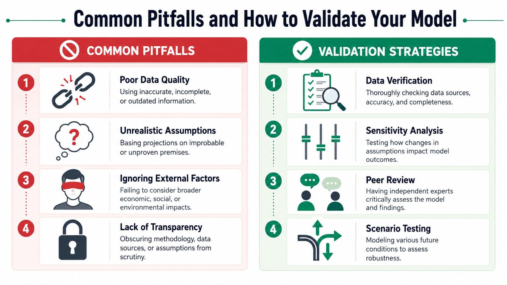 An infographic detailing common model pitfalls and effective validation strategies for accurate financial and data analysis.