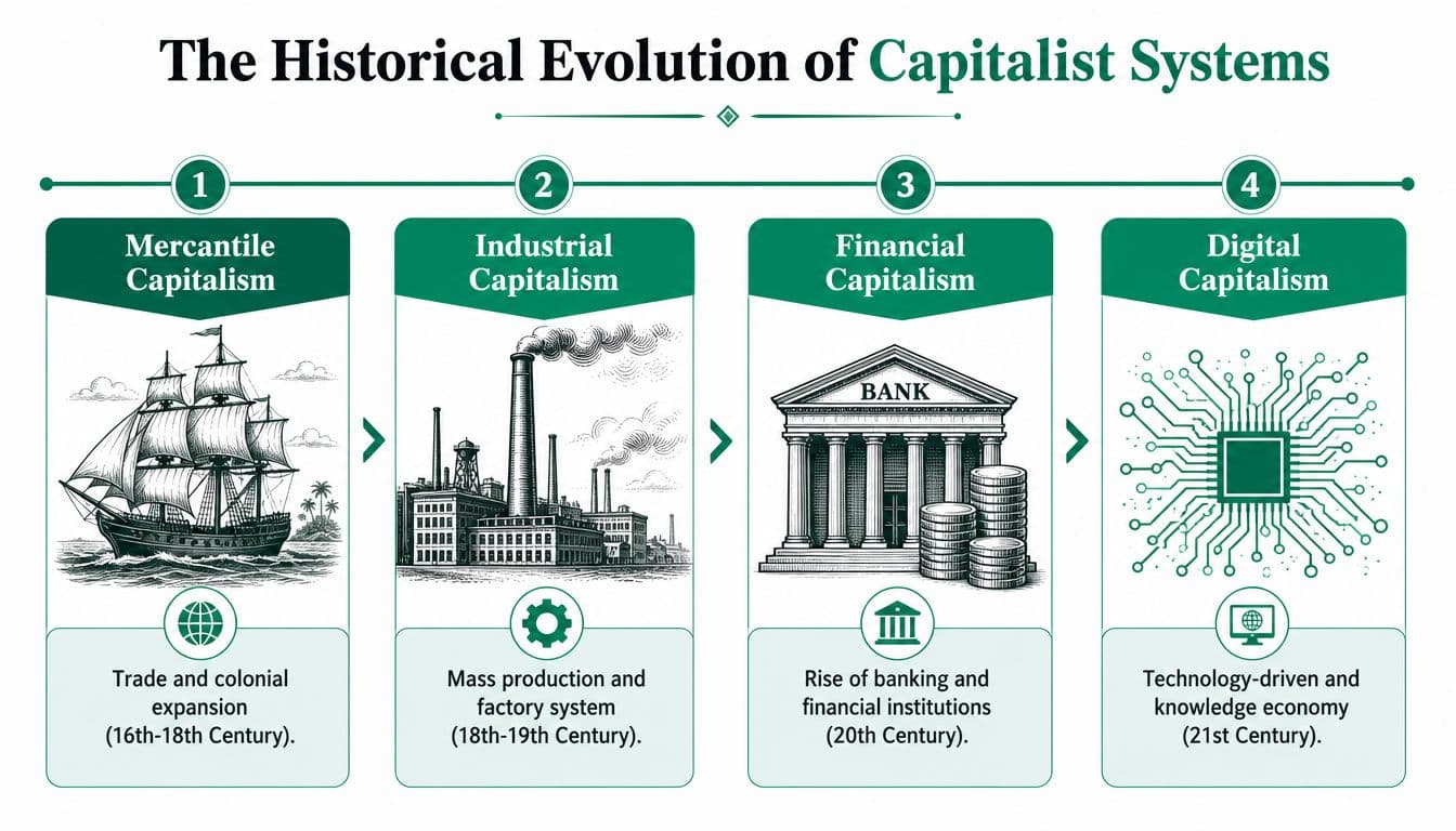 A timeline chart illustrating the historical evolution of capitalism through four distinct stages from the 16th century.