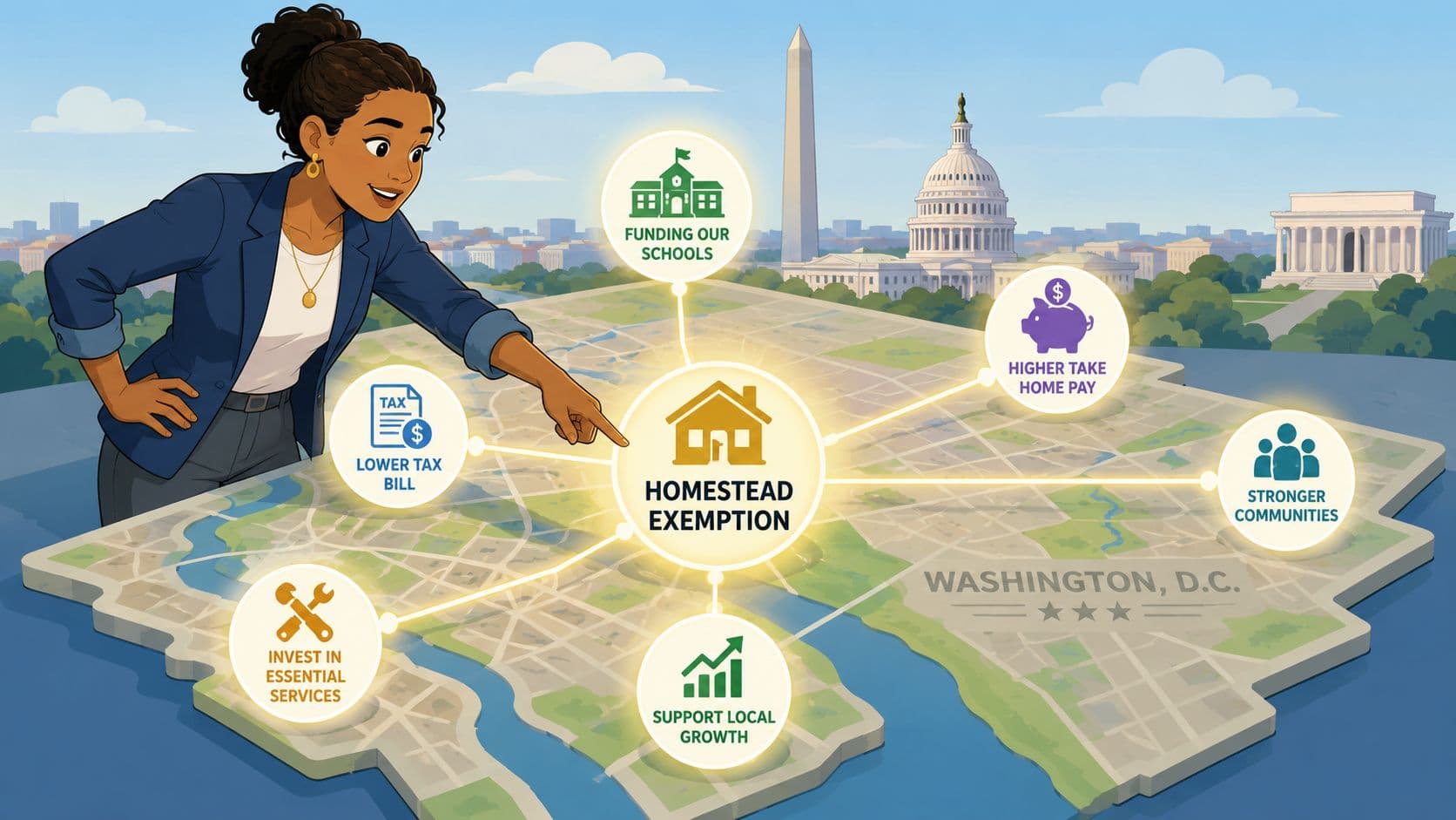 A woman points to a diagram of the Washington D.C. homestead exemption benefits on a map.