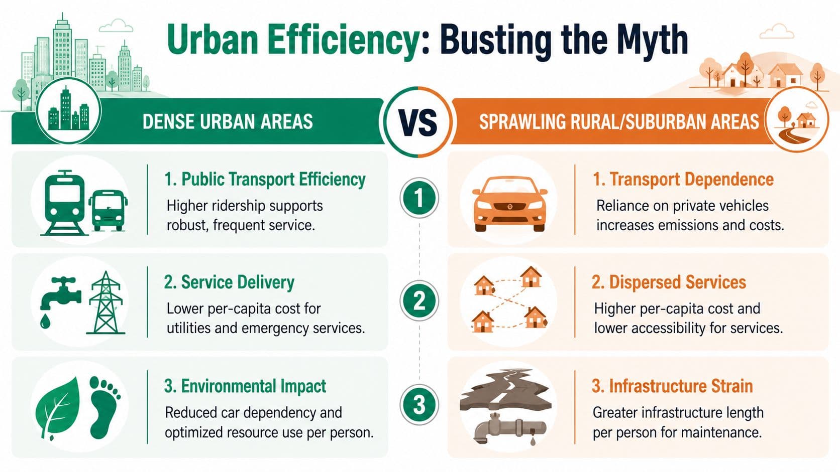 A comparison infographic showing the advantages of dense urban areas versus sprawling rural and suburban areas.