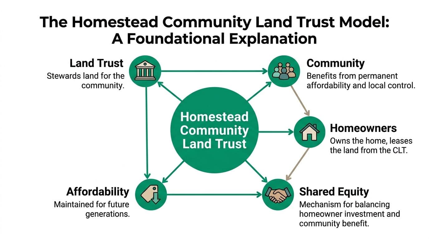 A diagram illustrating the Homestead Community Land Trust model, showing relationships between land, community, homeowners, and equity.