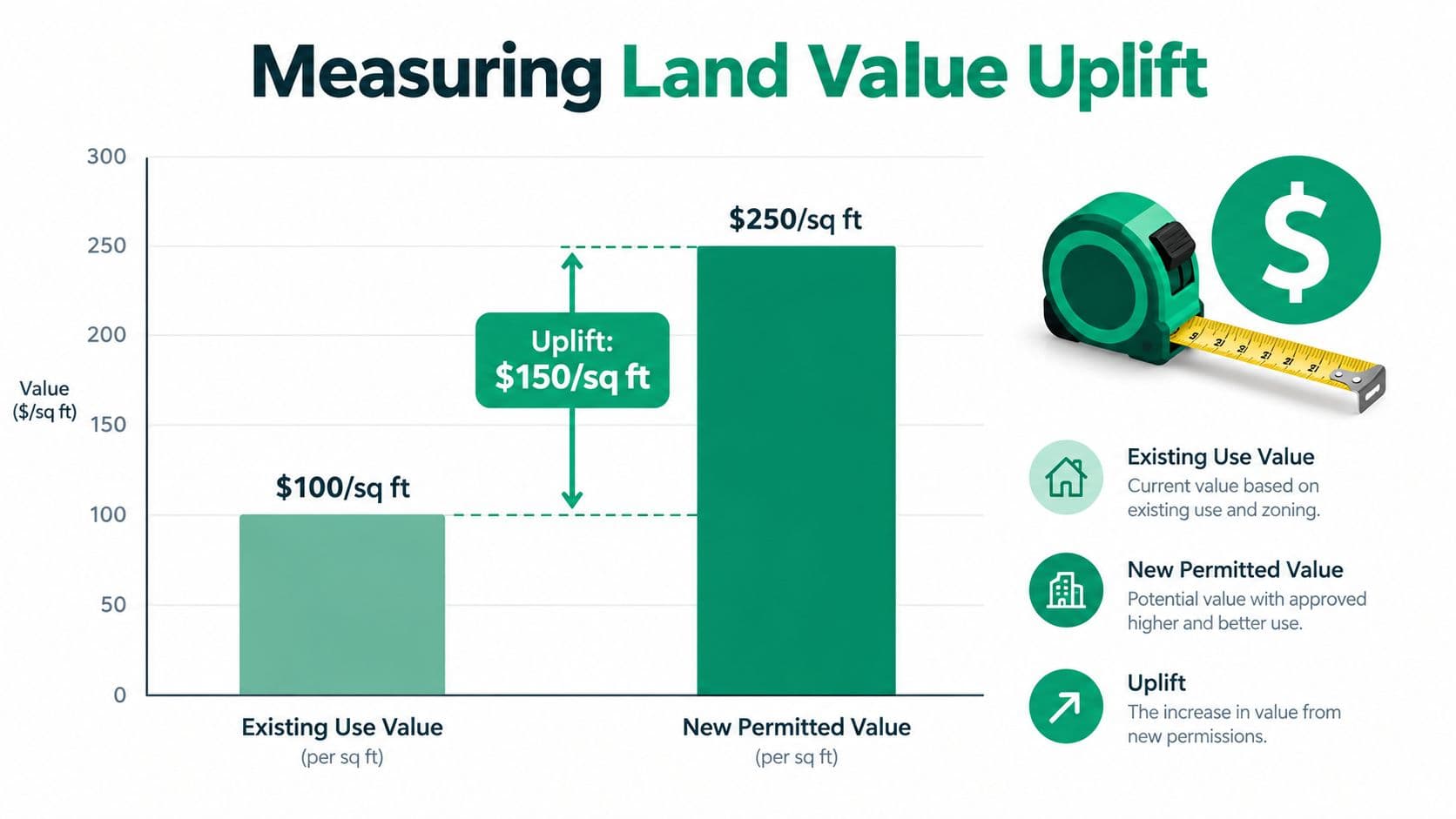 A bar chart comparing existing land use value to new permitted value to show land value uplift.