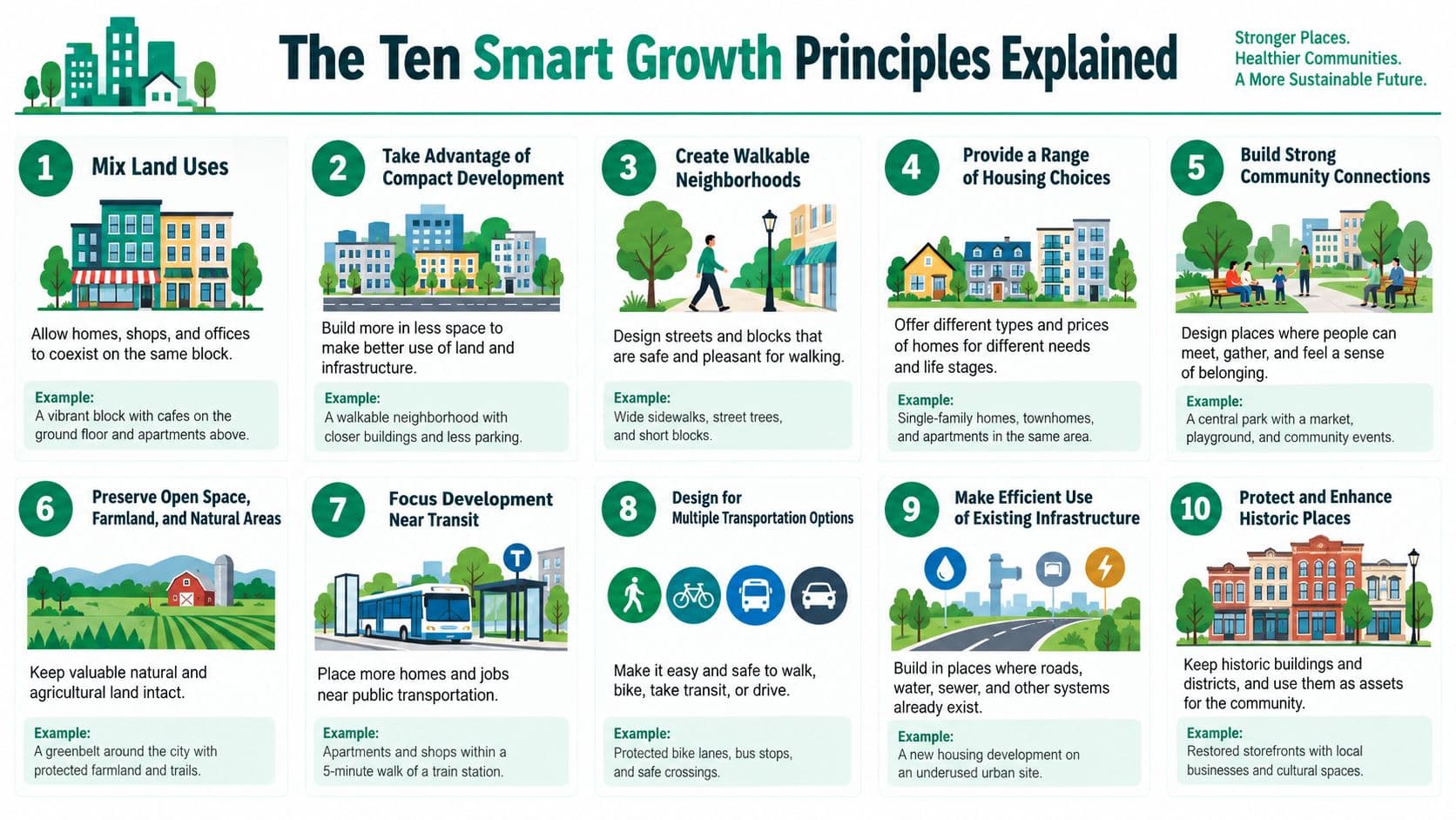 An infographic illustrating ten essential smart growth principles for creating sustainable, walkable, and thriving communities.