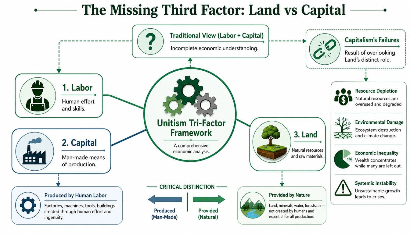 A diagram titled The Missing Third Factor explaining the Unitism Tri-Factor economic framework of land, labor, and capital.