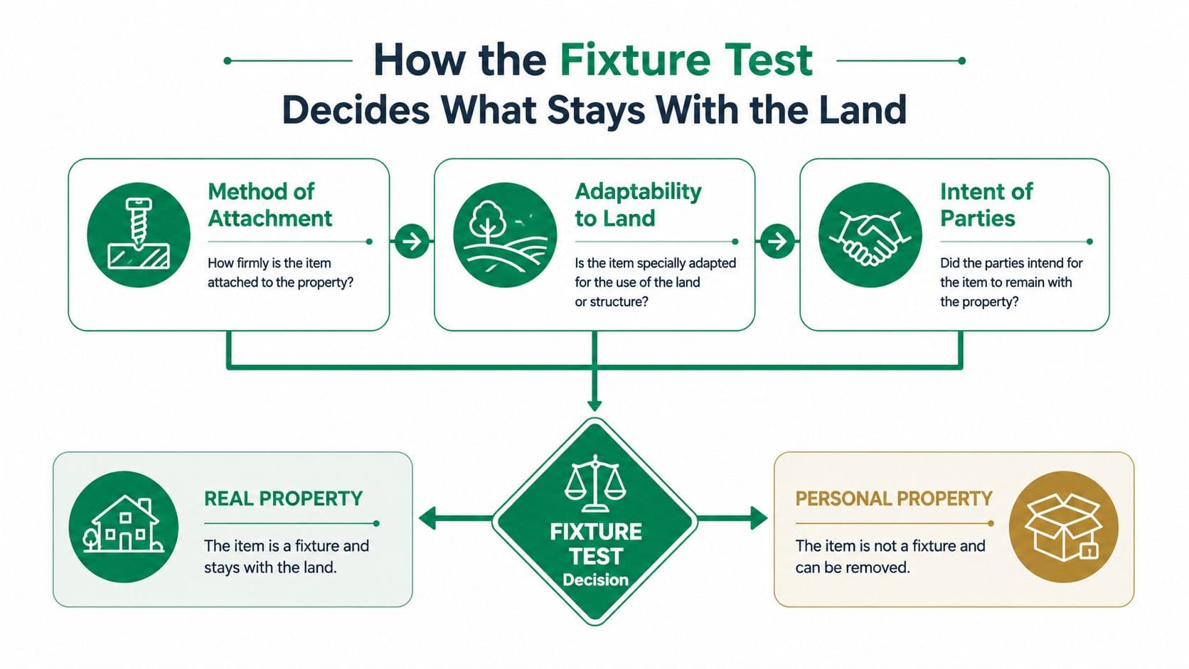 An infographic explaining the three criteria of the fixture test for distinguishing real property from personal property.