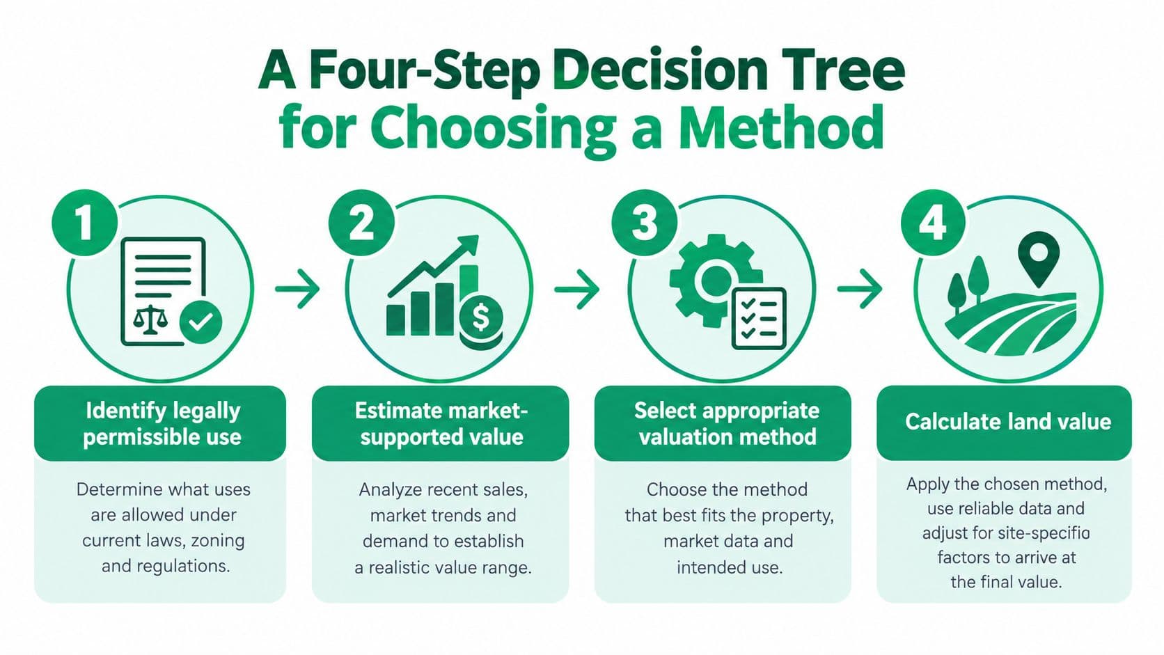 A four-step infographic illustrating the decision-making process for determining the market value of a property.