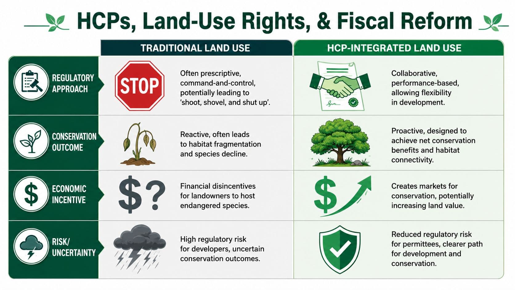 A comparison chart showing the differences between traditional land use and HCP-integrated land use approaches.